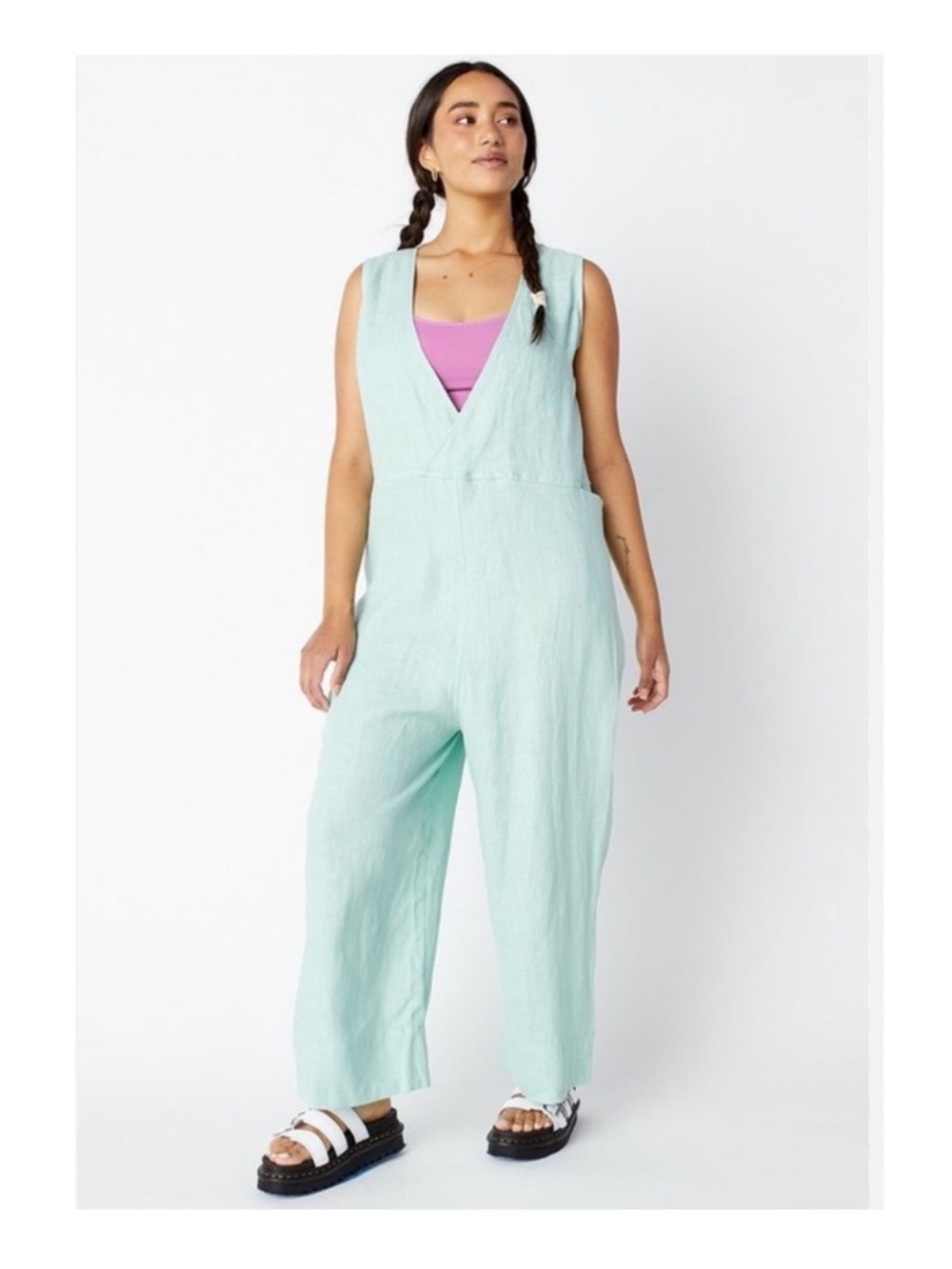 New! Back Beat Co Brooklyn Relaxed Fit Reversible Linen Jumpsuit in Mint Green